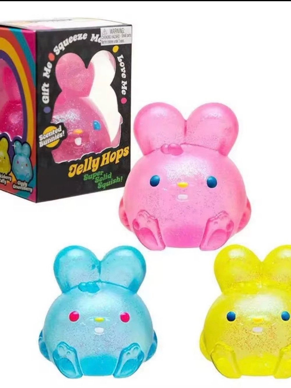 Jelly Hops Squishy Bunny Toy Trio - Pink, Blue.